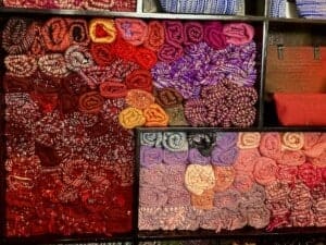 Colorful display of hand-loomed fabrics Cambodia