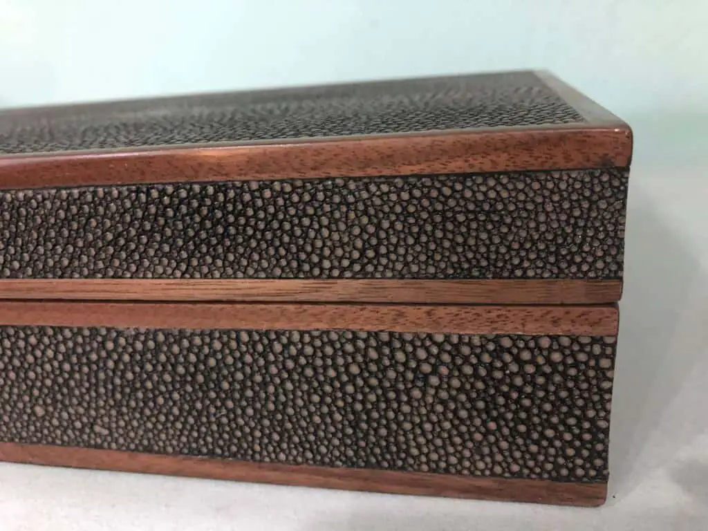 Close Up of Faux Shagreen Box With Metal Trim.