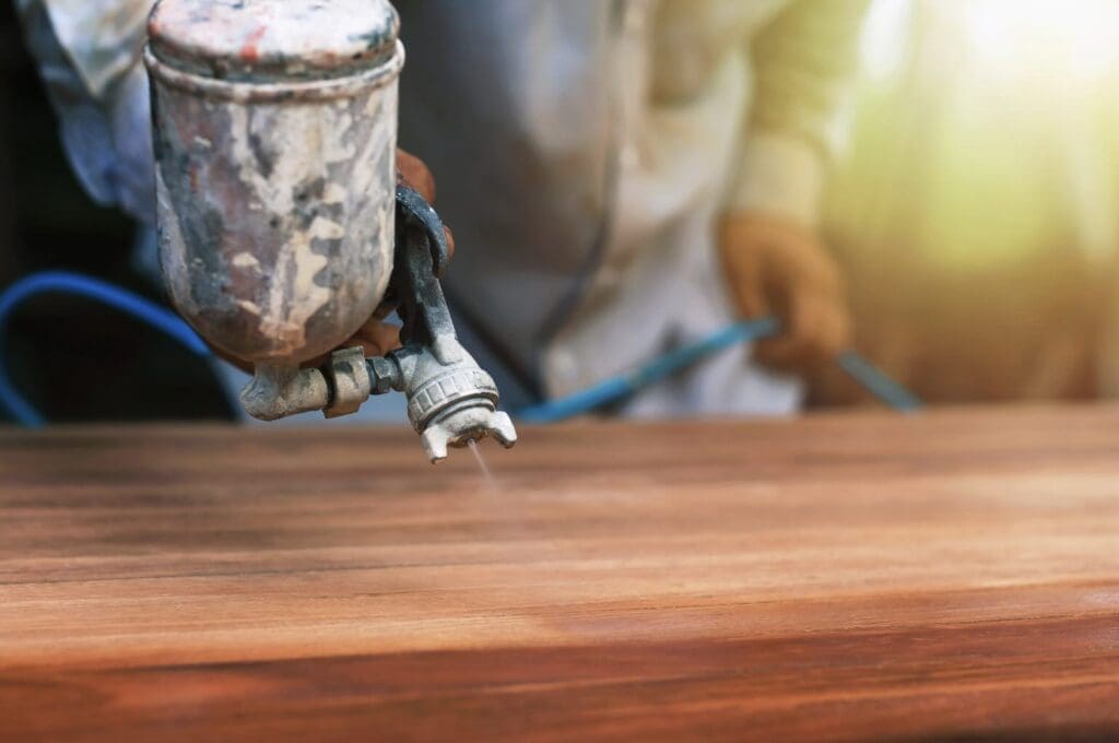 Spraying a lacquer paint on the furniture wood