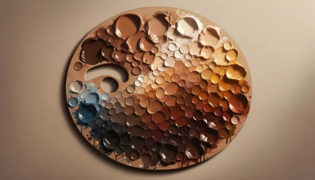 An image of a palette with various shades of brown paint mixed together.