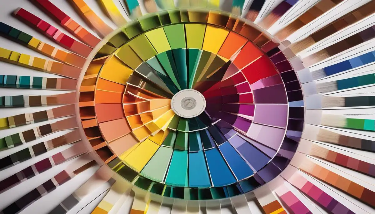 An image of a color palette wheel with different colored segments arranged in a circular shape.