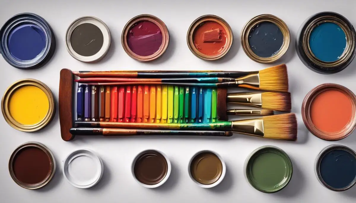 An image showcasing a color wheel and various paintbrushes, representing color theory in art and design.