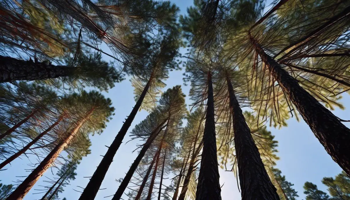 A close-up image of Jack Pines in a boreal forest, showcasing their unique needles and cones with dashes instead of spaces