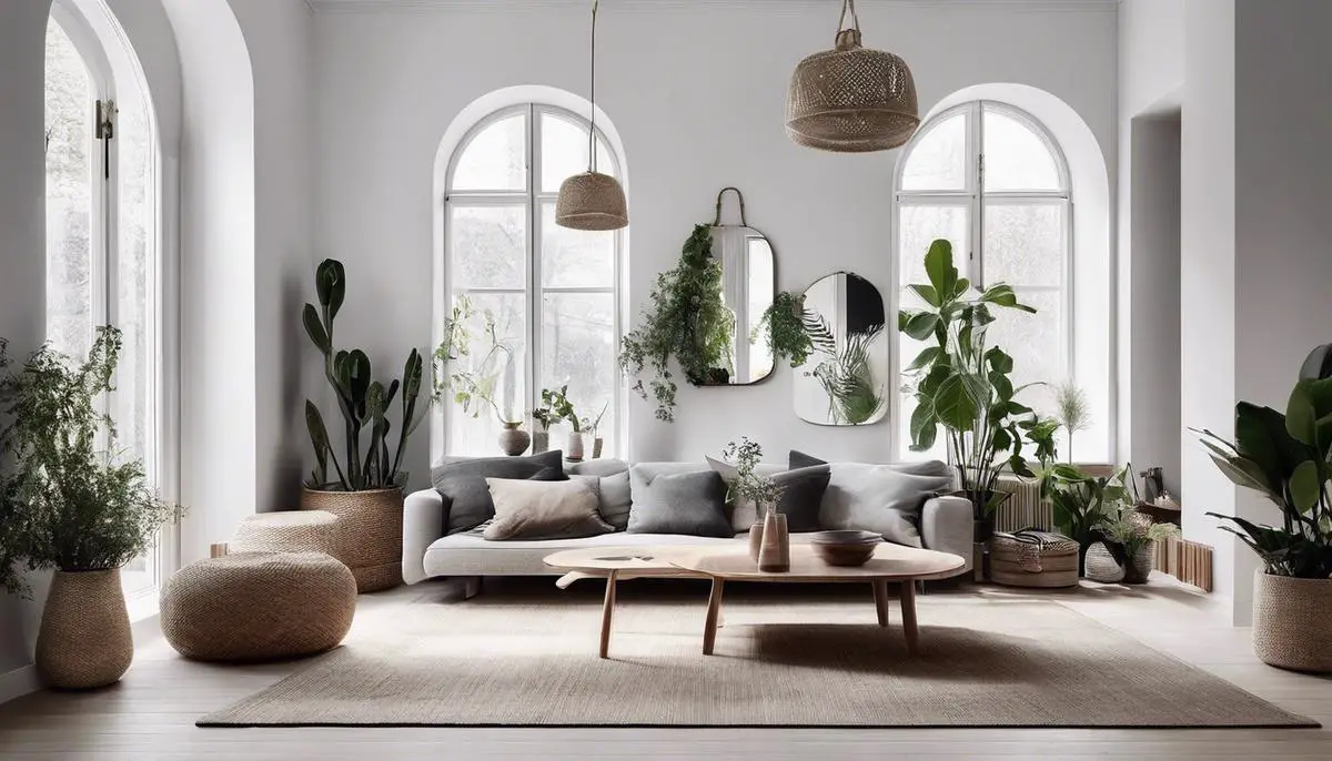 An image showcasing the role of accessories and plants in shaping the tone and feel of a Scandinavian design home. The image features minimalist ceramic pieces, vintage rugs, strategically positioned mirrors, and various indoor plants placed thoughtfully in the interior.
