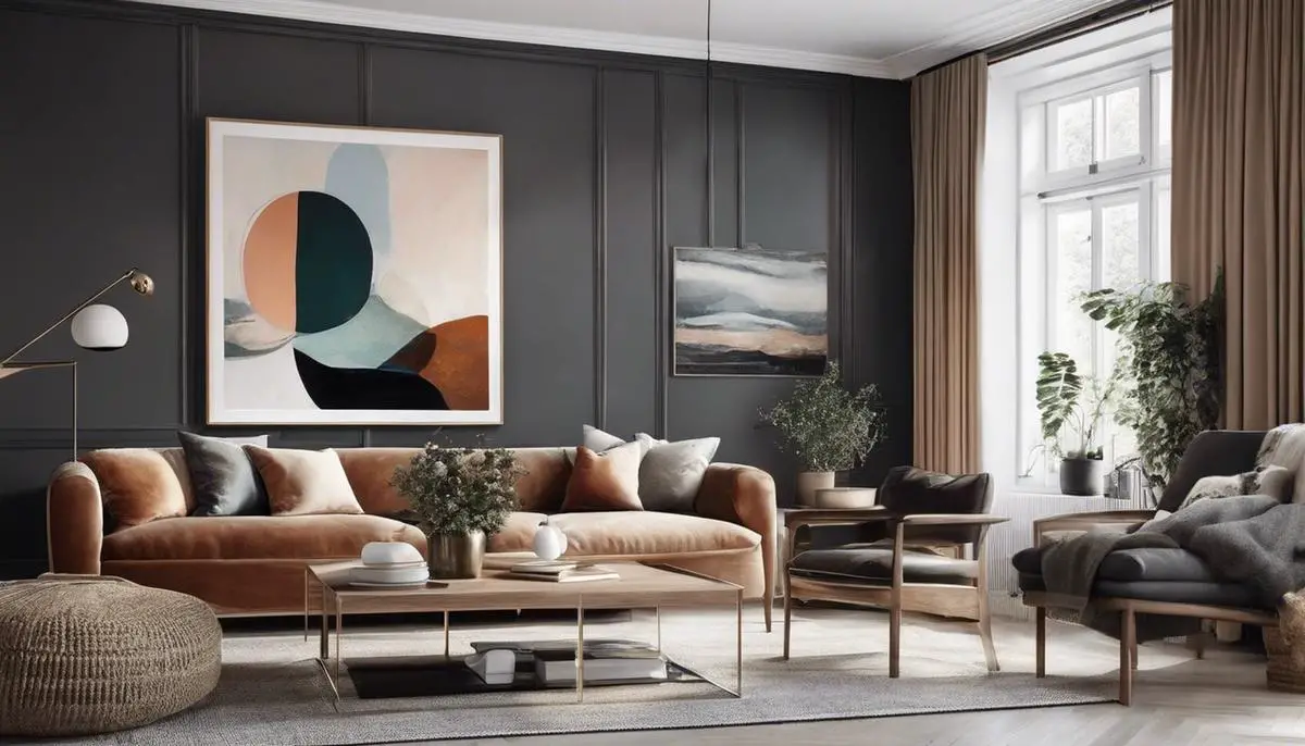 An image of a well-lit Scandinavian-style interior with abstract paintings and vintage photographs on the walls, creating a cozy and harmonious aesthetic.