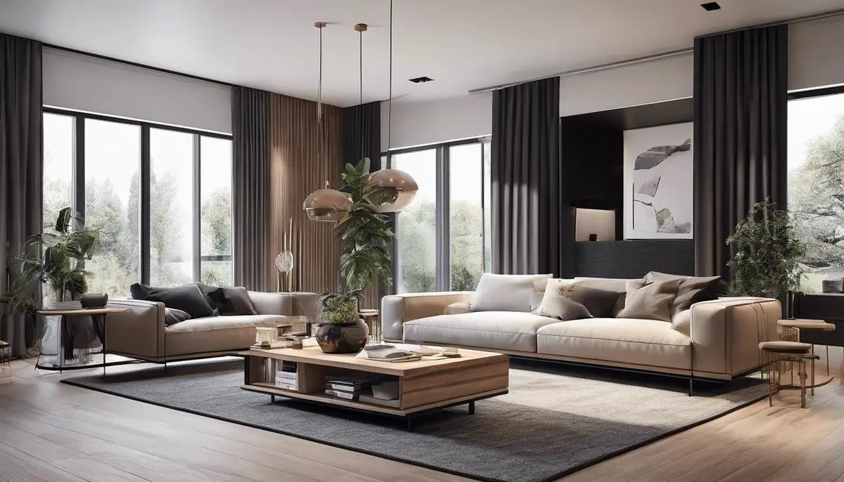 A cozy living room decorated with Scandinavian design. The room features clean lines, neutral colors, natural elements, and ample natural light seeping through large glass windows.