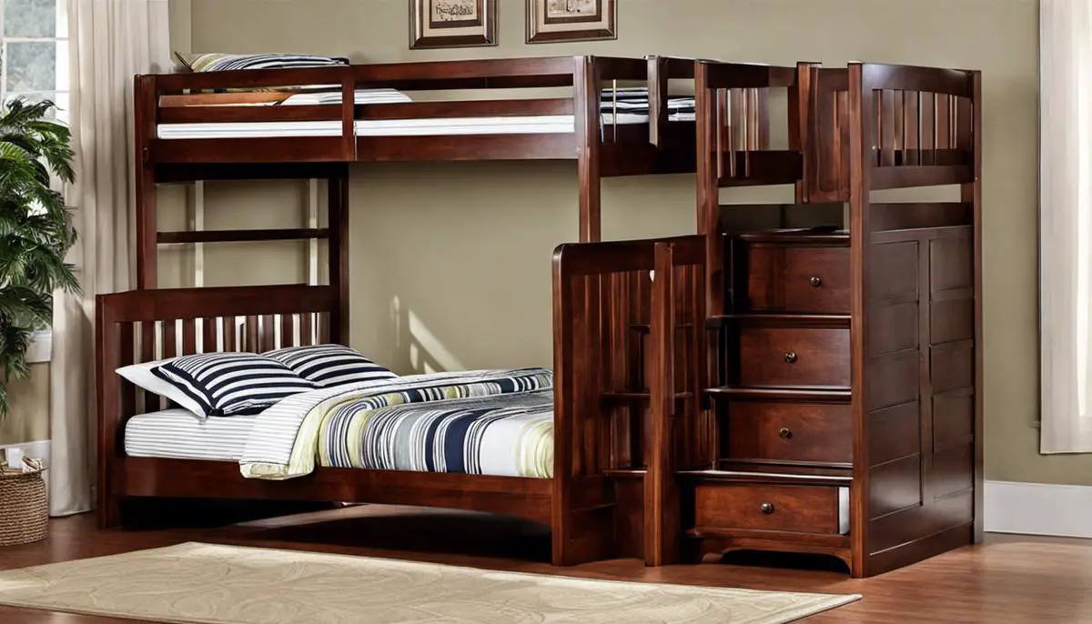 A cozy bedroom with solid wood bunk beds, showcasing their natural beauty and versatility.