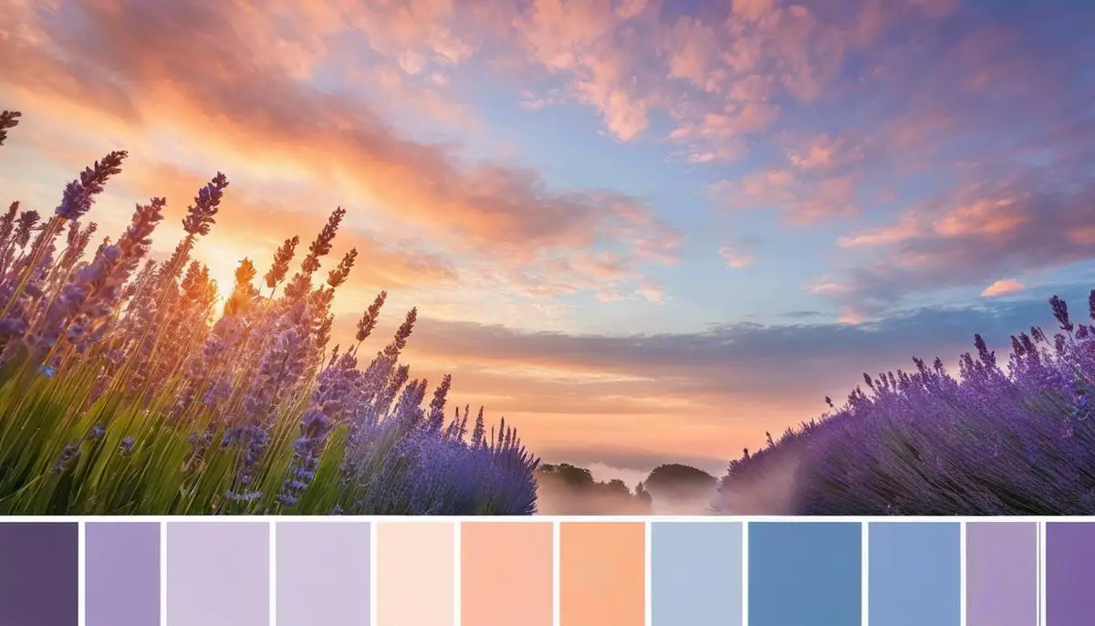 Palette of light summer colors - soft peach, lavender, and sky blue.