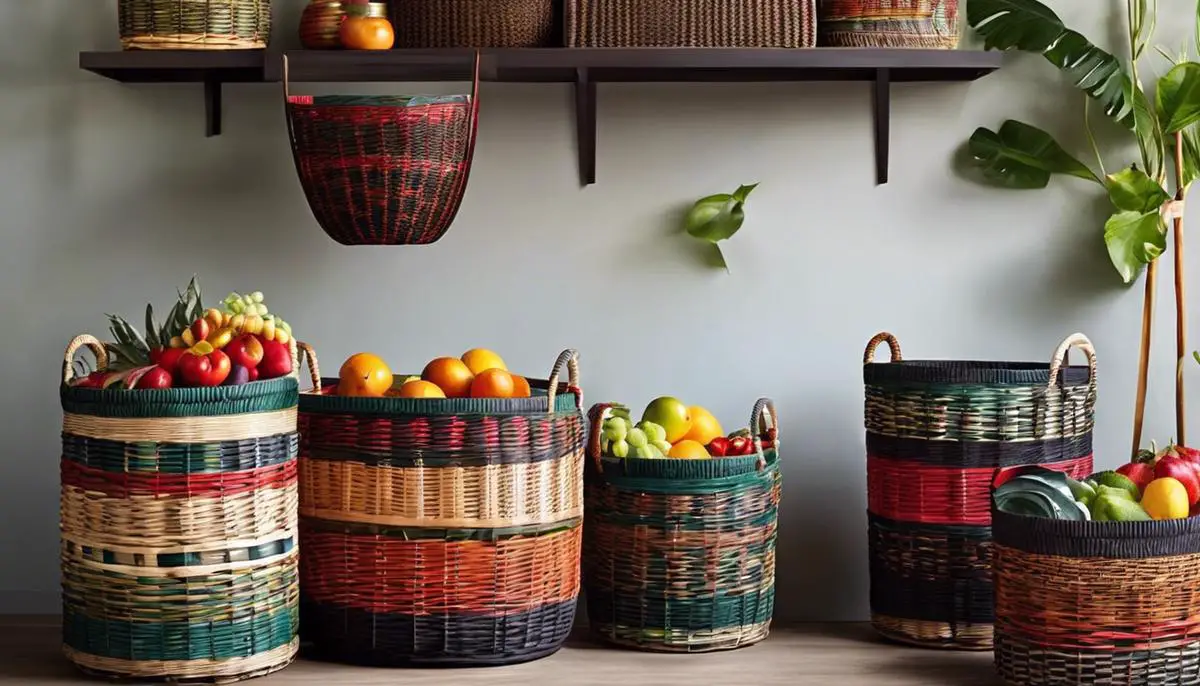 A tall wicker basket with a variety of colors and intricate weaving patterns, making it a visually attractive and functional storage solution.