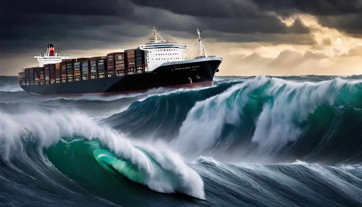 An image of a ship sailing through stormy waters, representing the challenges and uncertainties of navigating global supply chains.