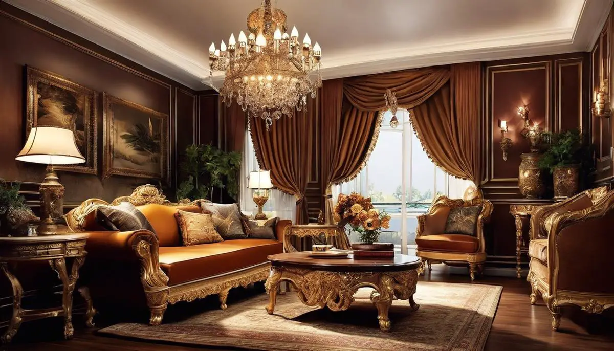 A visually appealing image showcasing traditional home decor elements like antique furniture, symmetrical interiors, textured fabrics, ornate carvings, warm color palette, and stunning lighting.