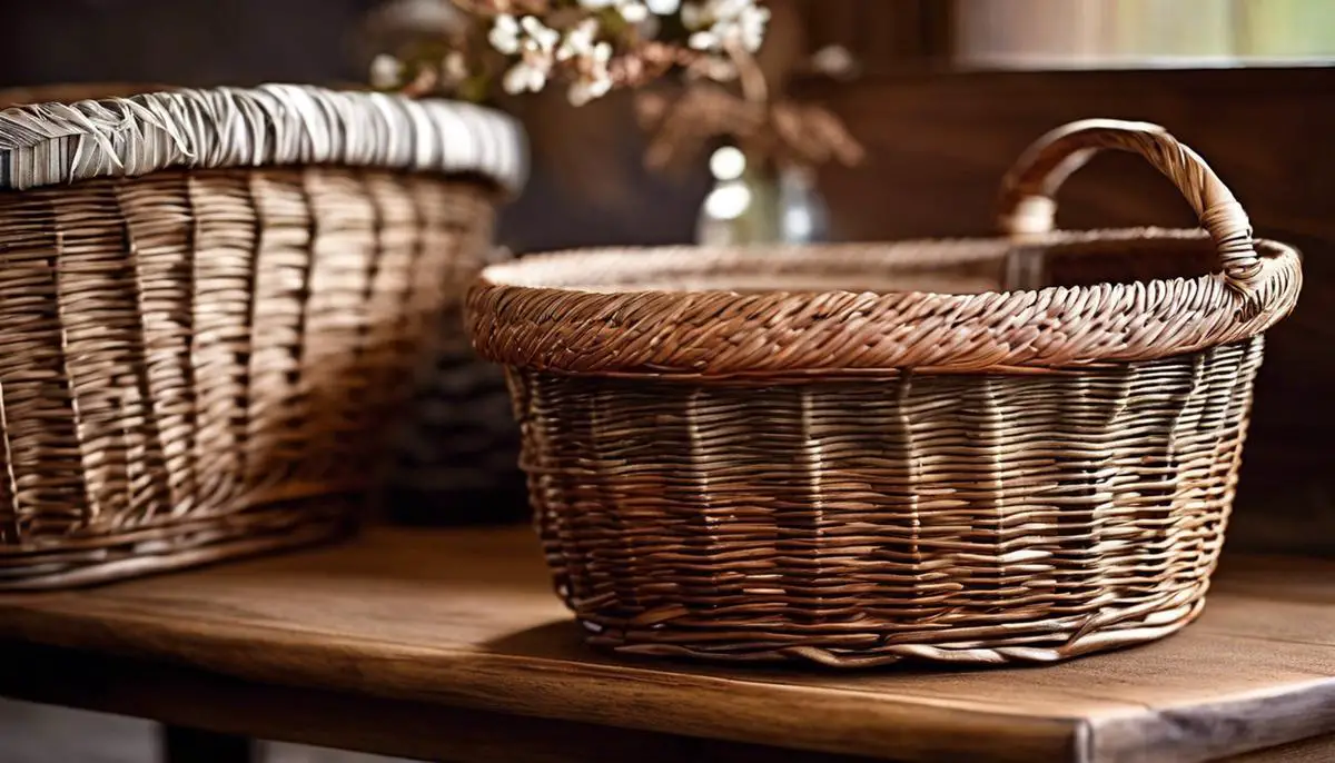 A close-up image of beautifully woven wicker baskets, showcasing their intricate details and rustic charm.