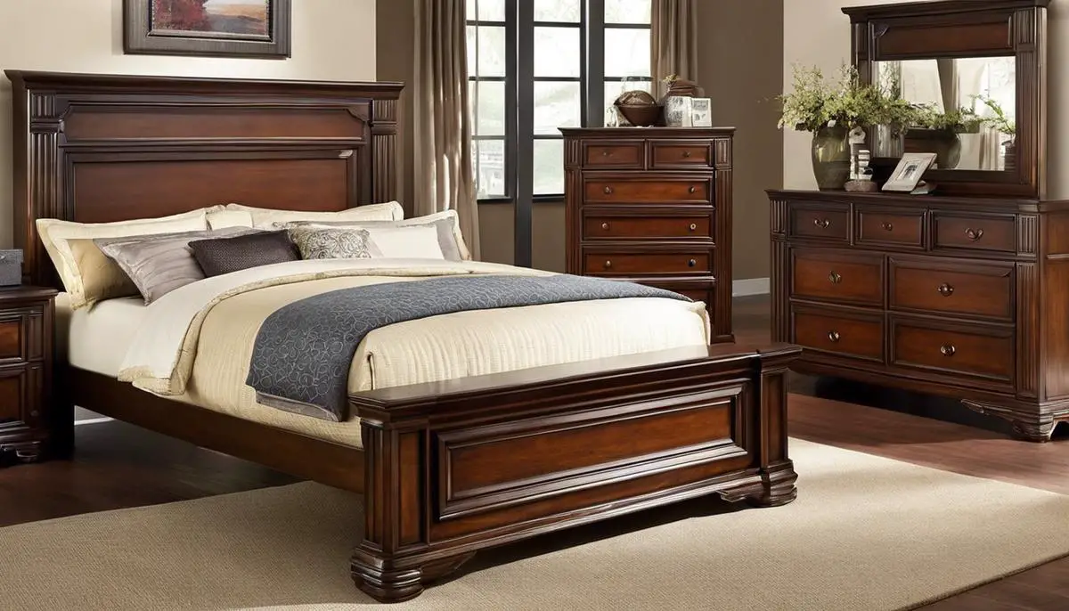 A wooden bed frame with elegant design, adding warmth and character to a bedroom.