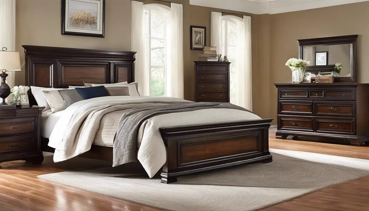 Image of a beautifully maintained wood bed frame with dashes instead of spaces